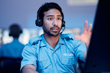 Poster - Security dispatch, computer and man with problem, emergency and monitor CCTV, surveillance or crime. Safety officer, support consultation and law person reading, chat and consulting about 911 crisis