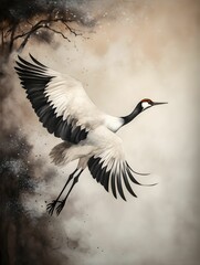 Wall Mural - AI generated illustration of a watercolor large crane bird flying in the sky