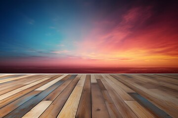 Wall Mural - ai generated illustration of a wooden floor illuminated by sunrise in the background