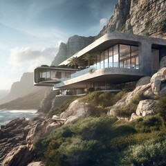 Canvas Print - AI generated illustration of a modern building with transparent windows on a rocky cliff