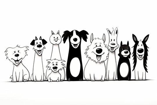 group of funny dogs - black and white line art illustration created using generative AI tools