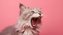 Cat Meowing Yawning Laughing With Rose Gold Pink Background With Generative Ai