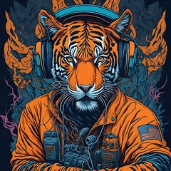 Poster - AI generated illustration of a Bengal tiger wearing headphones, enjoying music