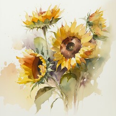 Sticker - AI generated illustration of a watercolor of vibrant sunflowers against a white background