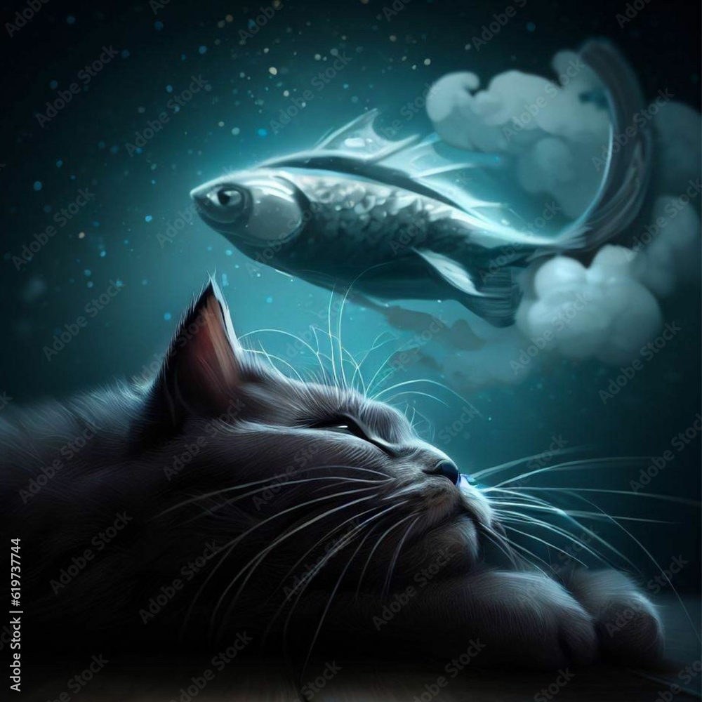 AI generated illustration of a tabby cat staring up at a fish swimming ...