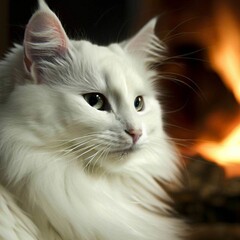 Wall Mural - AI generated illustration of a white Norwegian cat relaxing in front of a roaring fireplace