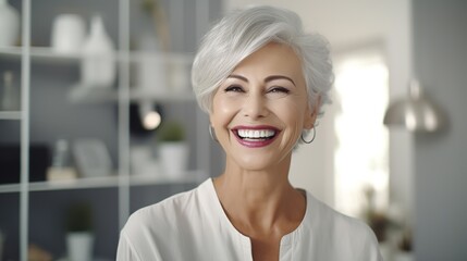 Dentist, veneers or dentures in senior woman mouth or teeth looking happy with her oral hygiene or dental cleaning cosmetic service. Mature model with smile on face for dentistry with generative ai