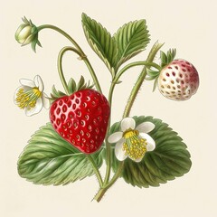 Canvas Print - AI generated illustration of a vibrant red strawberry on a branch on a beige background