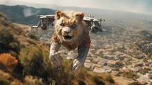 AI Generated Large, Fluffy Lion Running On Mountain