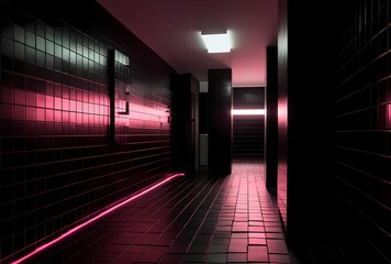 Canvas Print - AI generated illustration of a dimly lit hallway illuminated by a soft pink neon light