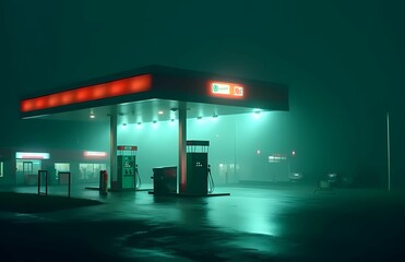 Wall Mural - ai generated illustration of a gas station with exterior lighting in a vibrant green hue