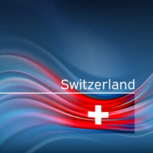 Switzerland Flag Background. Abstract Swiss Flag In The Blue Sky. National Holiday Card Design. State Banner, Switzerland Poster, Patriotic Cover, Flyer. Business Brochure Design. Vector Illustration