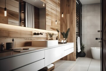 Sticker - High-resolution photograph of a modern bathroom with a large bathtub in the center