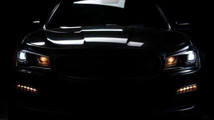 Sticker - AI generated illustration of a black sleek car illuminated by bright headlights in a dark setting