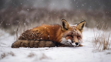 Poster - AI generated illustration of a beautiful red fox laying in a field of snow