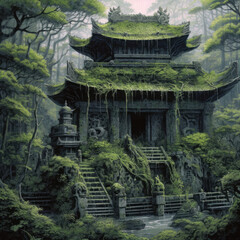 Wall Mural - overgrown japanese temple in the forest fantasy - by generative ai