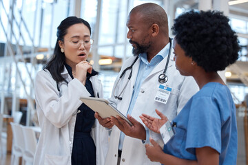 Poster - Doctors, mistake and healthcare team fail and scared with paperwork or planning in a hospital and talking with fear. Document, diversity and bad professional group in discussion or conversation