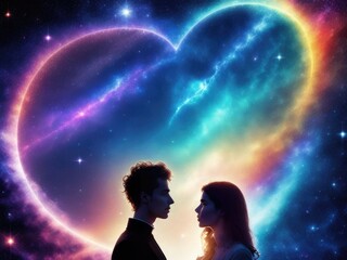 a couple of man and woman against abstract cosmic background. generative ai