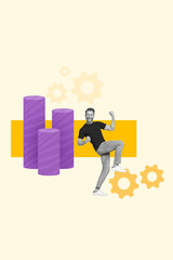 Poster - Sketch collage image poster artwork of overjoyed guy raise fist hands celebrate positive result isolated on painted background