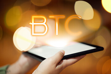 Poster - Woman, hands and tablet at night for bitcoin trading, finance or investment in the city outdoors. Hand of female person, trader or freelancer working late with technology display for cryptocurrency