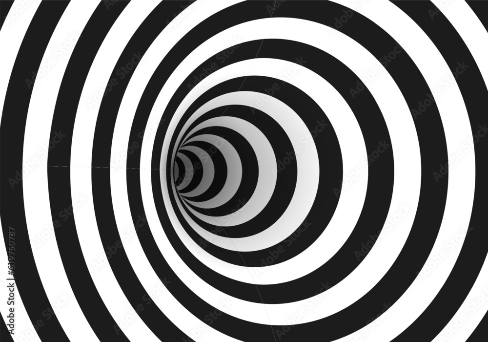 Abstract optical illusion. Hypnotic spiral tunnel with black and white ...