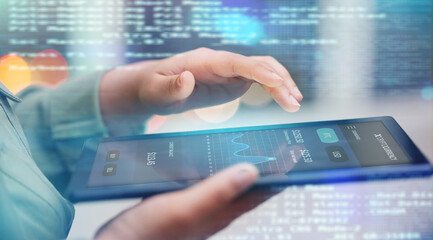 Poster - Woman, hands and tablet for trading cryptocurrency, stock market or digital investment with overlay at office. Hand of female person or trader on technology for profit, finance or growth in exchange