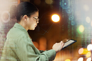 Poster - Digital tablet, city and woman with hologram to do research for a corporate project by a rooftop. Technology, online and professional female employee working on company report in urban town at night.
