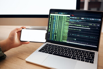 Poster - Laptop, coding and hands with mockup phone for website hacking, programming or cybersecurity. Information technology, software and person on smartphone and computer for big data, update or web design