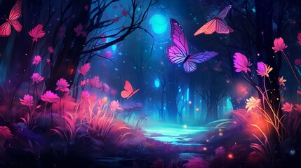 Wall Mural - colorful fantasy forest foliage at night, glowing flowers and beautifuly butterflies as magical fairies, bioluminescent fauna as wallpaper background, generative ai