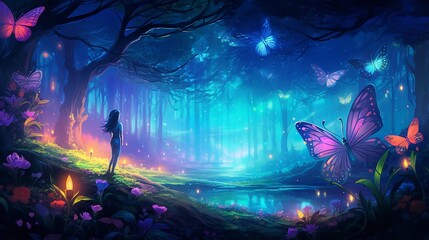 Wall Mural - colorful fantasy forest foliage at night, glowing flowers and beautifuly butterflies as magical fairies, bioluminescent fauna as wallpaper background, generative ai