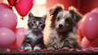 Cute dog and cat with valentine balloon on pink background. Generative Ai