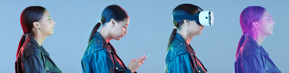 Aufkleber - Young woman, phone and vr glasses in studio profile with typing, social media and tech evolution in metaverse. Girl, futuristic and progress with digital transformation with vision for ar development