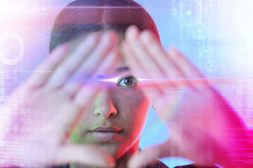 Aufkleber - Woman, future holographic overlay and studio portrait, pyramid hand sign and coding for technology. Girl, futuristic hologram and digital transformation for cyber vision, programming and development