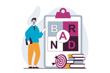 Poster - Branding team concept with people scene in flat design for web. Man working with promotion, creating logo and trademark, targeting. Vector illustration for social media banner, marketing material.