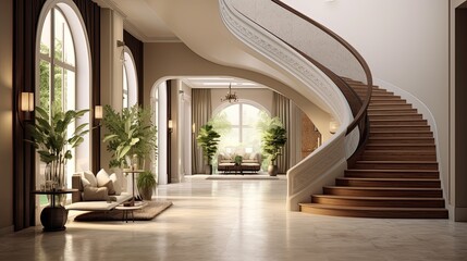 Wall Mural - Interior design of modern entrance hall with arc and staircase in villa.