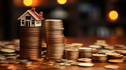 Canvas Print - Stack of coins and house model on the table. Generative Ai