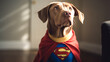 Cute dog in superhero costume, generative AI.