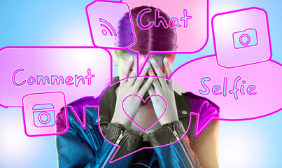 Aufkleber - Young woman, speech bubble hologram or thinking with social media, overwhelmed or tech by blue background. Gen z student girl, 3d icon and anxiety for notification with stress, worry or mental health