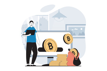Poster - Cryptocurrency mining concept with people scene in flat design for web. Man mining bitcoins, earning money at virtual crypto wallets. Vector illustration for social media banner, marketing material.
