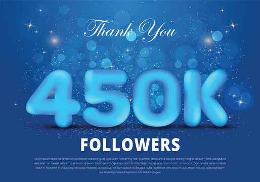 450k followers celebration social media template with 3d letter and spark light on blue background