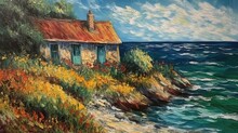 Landscape Of Sea And House On Rocky Terrain In Style Of Oil Painting Illustration. Generative AI