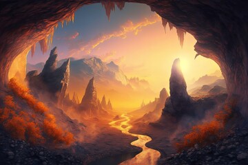 Wall Mural - Breathtaking fantasy landscape through cave. Generative AI