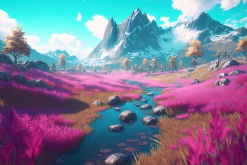 Wall Mural - Breathtaking fantasy landscape with pink grass. Generative AI