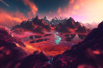 Wall Mural - Fantasy landscape. Volcano. Generative AI