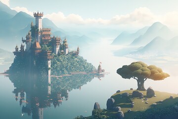 Wall Mural - Breathtaking fantasy landscape with castle. Generative AI