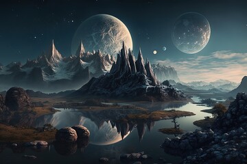 Wall Mural - Breathtaking fantasy landscape with giant moon. Generative AI