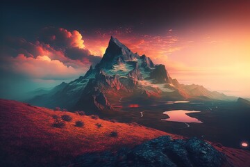Wall Mural - Breathtaking fantasy landscape. Sunset. Generative AI