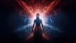 © Soulmate - Person standing with his back in front of dimensional portal. Generative AI