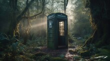 Abandoned Moss-covered Phone Booth In Forest. Generative AI