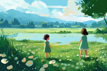 children play on green summer meadow illustration Generative AI